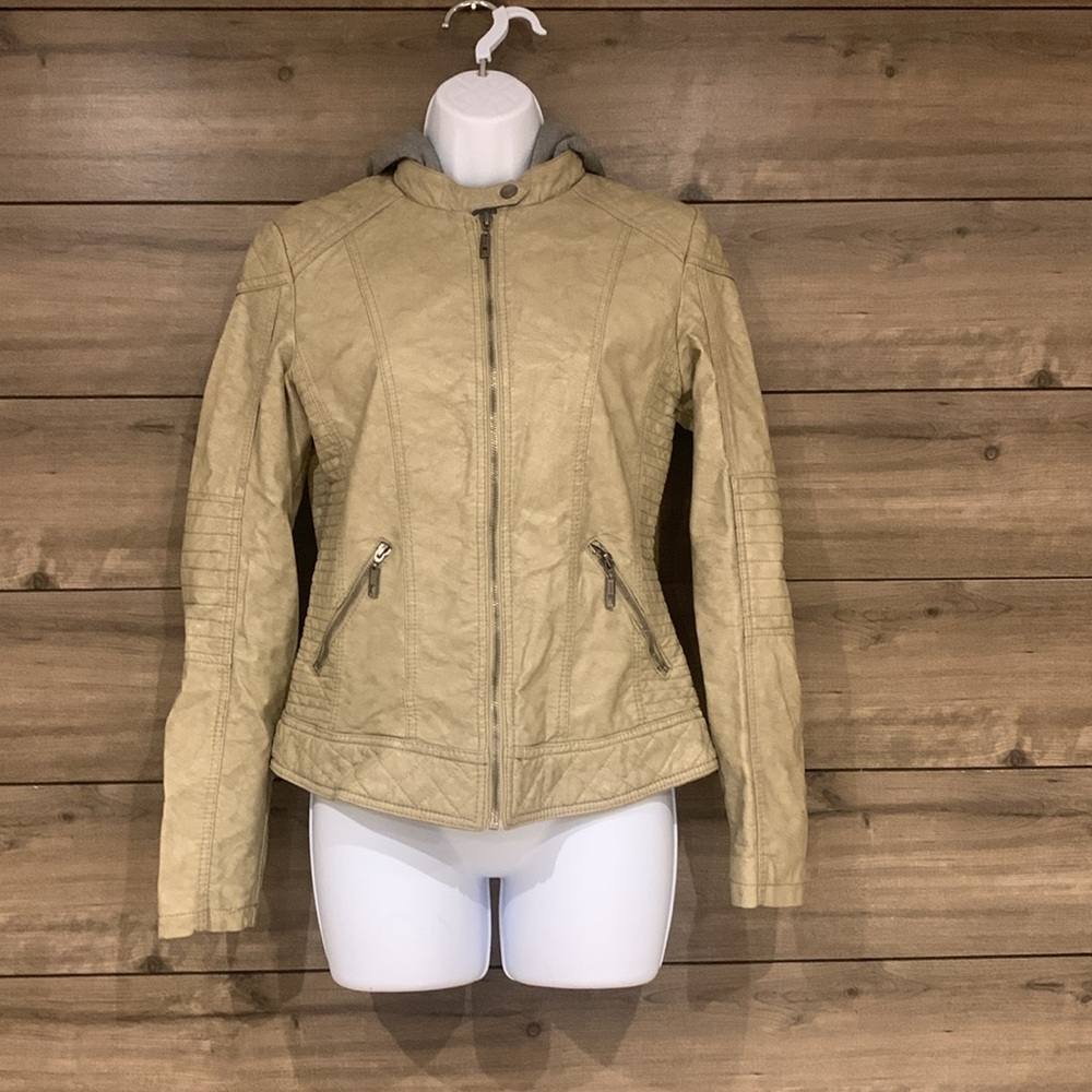 Faux leather jacket with attach fleece hood